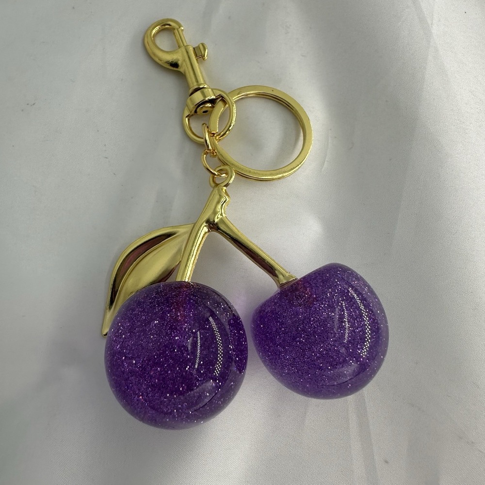 Purple Glitter Cherry Keychain Silver Tone Bag Charm Pendant - Luxury Bag Charm